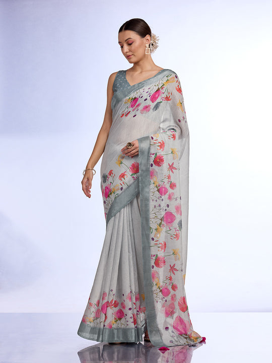 Off White Linen Blend Saree With Blouse Piece Off White Linen Blend Saree With Blouse Piece