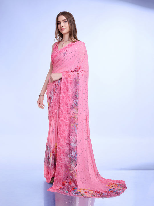 Pink Poly Chiffon Festival Saree With Blouse Piece Pink Poly Chiffon Festival Saree With Blouse Piece