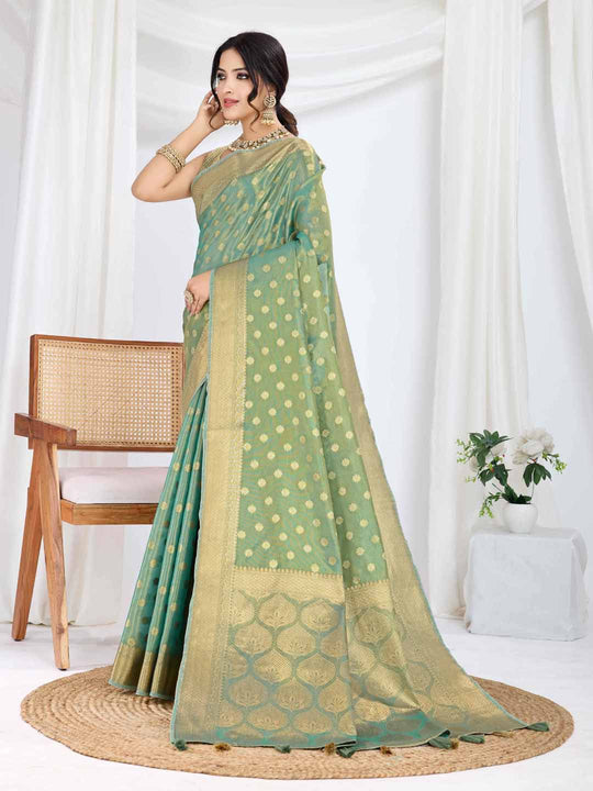 Seagreen Pure Tissue Silk Banarasi Saree With Brocade Blouse Piece Seagreen Pure Tissue Silk Banarasi Saree With Brocade Blouse Piece