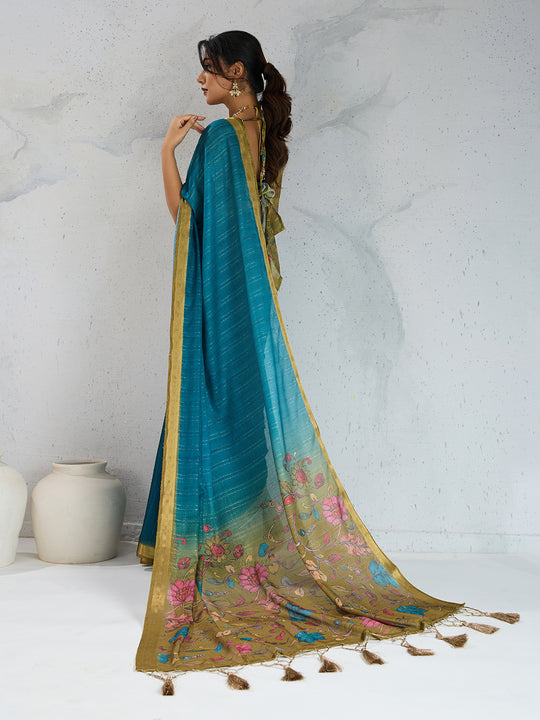 Pure Chiffon Digital Printed Woven Saree With Woven Border And Fancy Tassels Pure Chiffon Digital Printed Woven Saree With Woven Border And Fancy Tassels