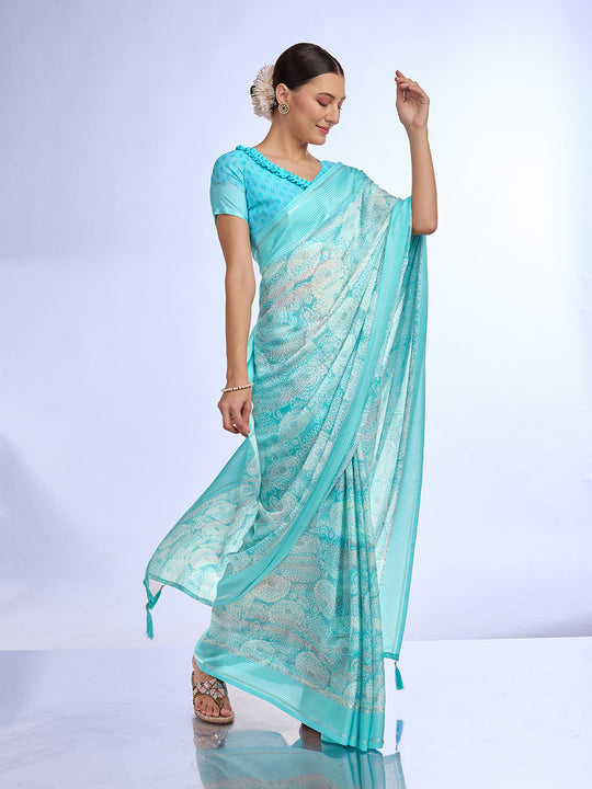 Blue Georgette Saree With Blouse Piece Blue Georgette Saree With Blouse Piece