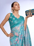 Teal Linen Blend Saree With Blouse Piece Teal Linen Blend Saree With Blouse Piece