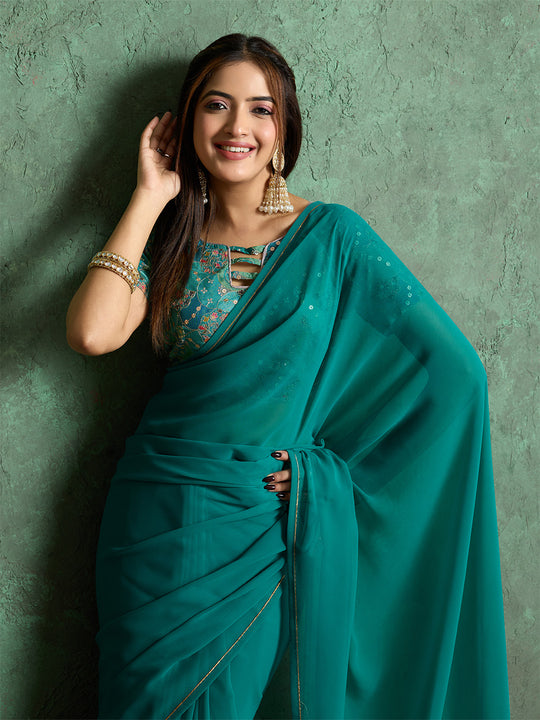 Poly Chiffon Dyed Saree With Heavy Embroidered Blouse Piece Poly Chiffon Dyed Saree With Heavy Embroidered Blouse Piece