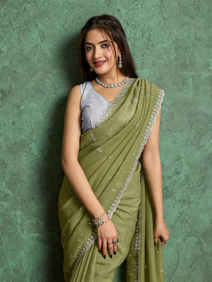 Pure Georgette Solid Embroidered Saree With Scalloping And Fancy Blouse