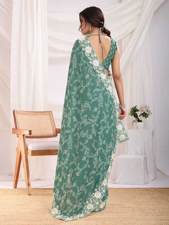 Sea Green Poly Georgette Festive Wear Saree With Blouse Piece Sea Green Poly Georgette Festive Wear Saree With Blouse Piece