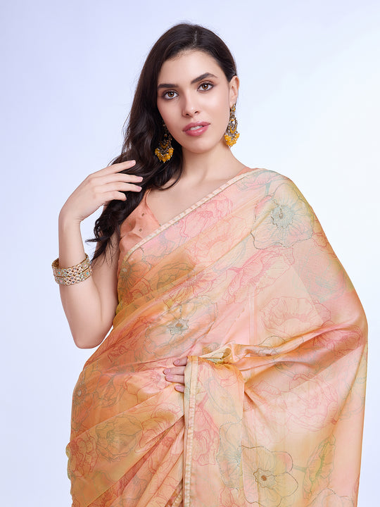 Gold Poly Chiffon Festive Wear Saree With Blouse Piecde Gold Poly Chiffon Festive Wear Saree With Blouse Piecde