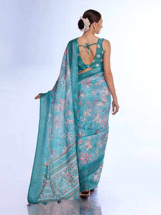Teal Linen Blend Saree With Blouse Piece Teal Linen Blend Saree With Blouse Piece