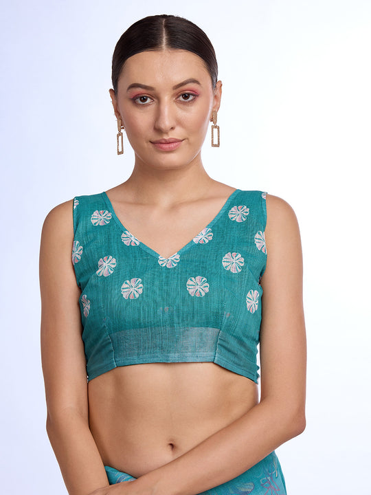 Teal Linen Blend Saree With Blouse Piece Teal Linen Blend Saree With Blouse Piece