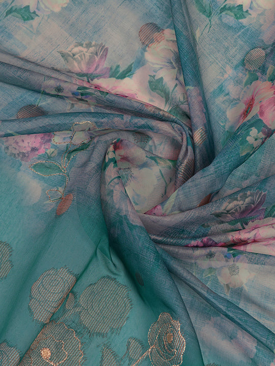Teal Cotton Blend Saree With Blouse Piece Teal Cotton Blend Saree With Blouse Piece