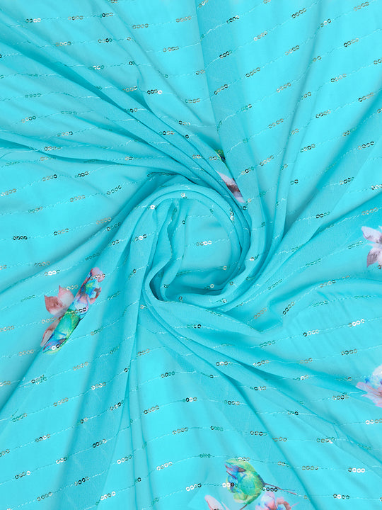 Teal Poly Chiffon Festival Saree With Blouse Piece Teal Poly Chiffon Festival Saree With Blouse Piece