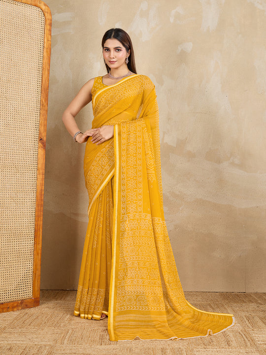 Pure Chiffon Bandhani Printed Saree With Viscose Woven Border And Blouse Piece Pure Chiffon Bandhani Printed Saree With Viscose Woven Border And Blouse Piece