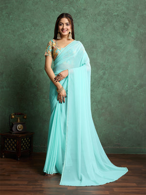 Poly Chiffon Dyed Saree With Heavy Embroidered Blouse Piece