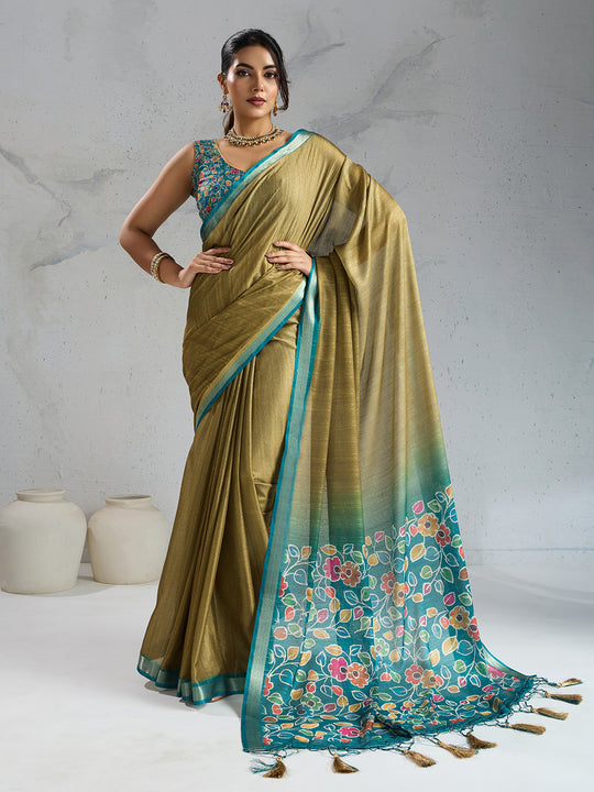 Pure Chiffon Digital Printed Woven Saree With Woven Border And Fancy Tassels Pure Chiffon Digital Printed Woven Saree With Woven Border And Fancy Tassels