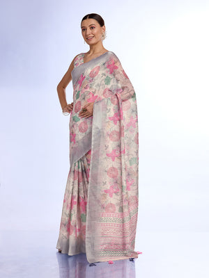 Cream Linen Blend Saree With Blouse Piece