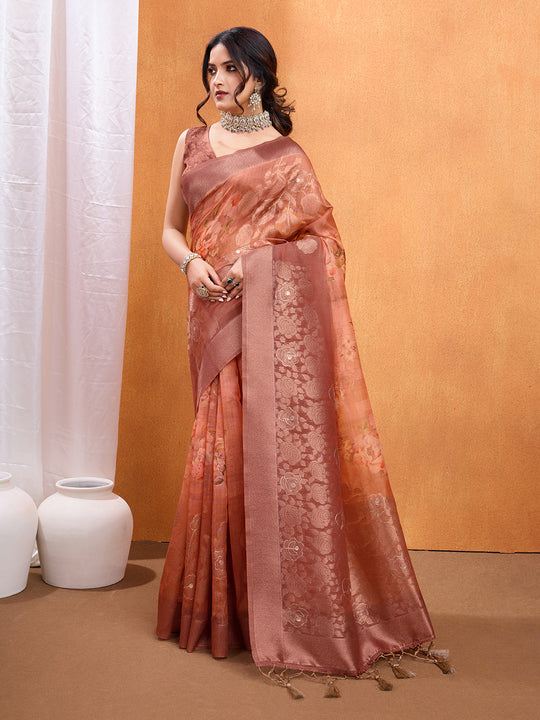 Orange Cotton Blend Saree With Blouse Piece Orange Cotton Blend Saree With Blouse Piece