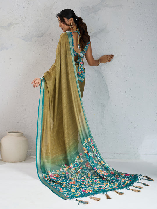 Pure Chiffon Digital Printed Woven Saree With Woven Border And Fancy Tassels Pure Chiffon Digital Printed Woven Saree With Woven Border And Fancy Tassels
