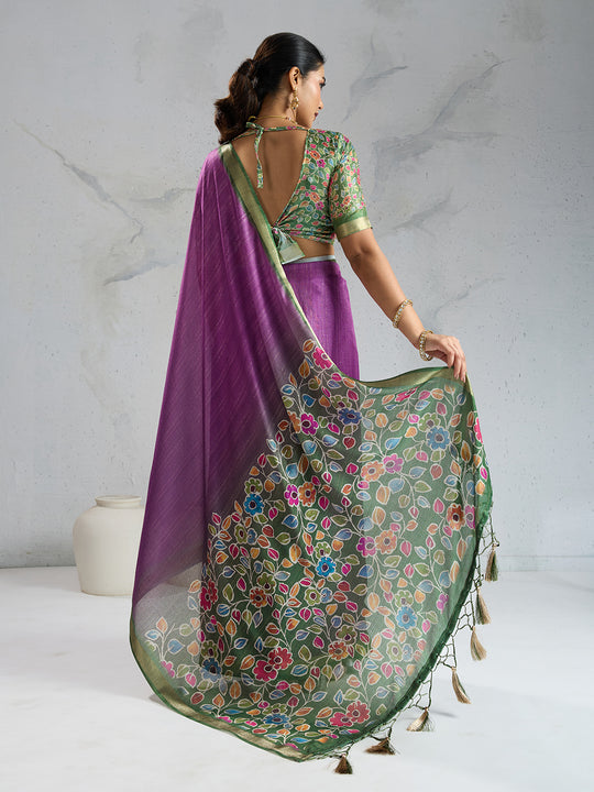 Pure Chiffon Digital Printed Woven Saree With Woven Border And Fancy Tassels Pure Chiffon Digital Printed Woven Saree With Woven Border And Fancy Tassels