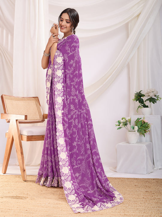 Purple Poly Georgette Festive Wear Saree With Blouse Piece Purple Poly Georgette Festive Wear Saree With Blouse Piece