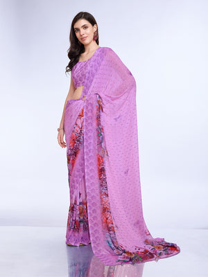 Lavender Poly Chiffon Festival Saree With Blouse Piece