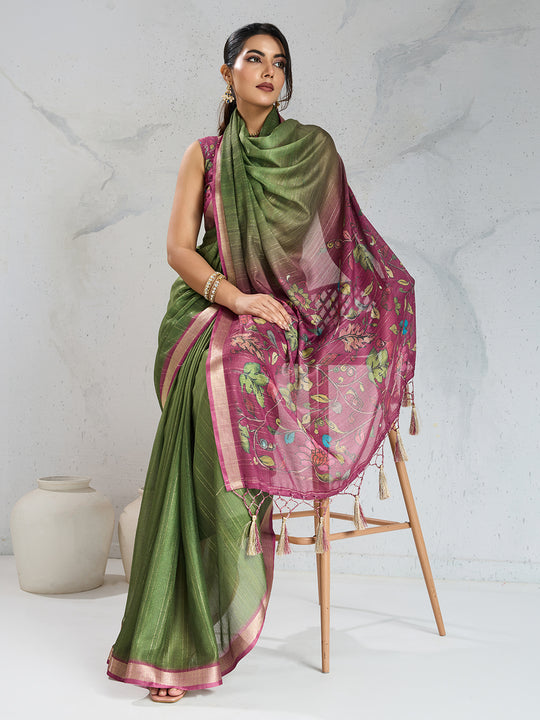 Pure Chiffon Digital Printed Woven Saree With Woven Border And Fancy Tassels Pure Chiffon Digital Printed Woven Saree With Woven Border And Fancy Tassels