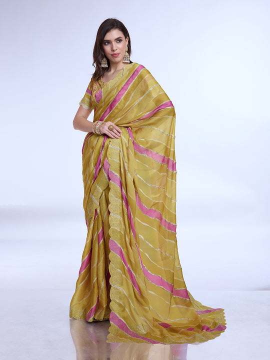 Yellow Poly Chiffon Festival Saree With Blouse Piece Yellow Poly Chiffon Festival Saree With Blouse Piece