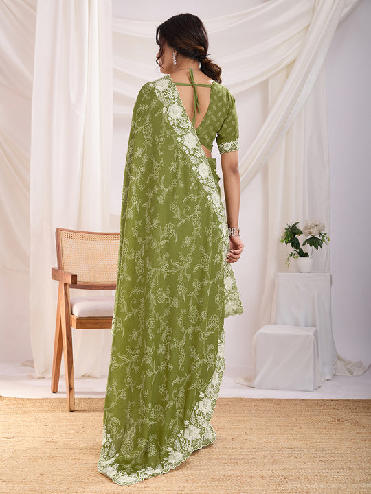 Olive Poly Georgette Festive Wear Saree With Blouse Piece Olive Poly Georgette Festive Wear Saree With Blouse Piece