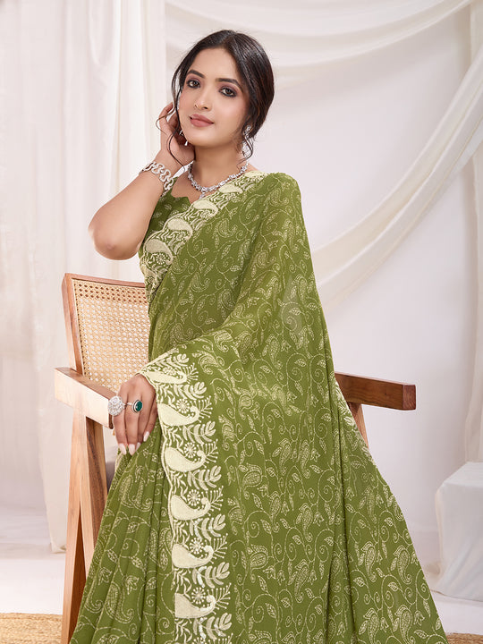 Olive Poly Georgette Festive Wear Saree With Blouse Piece Olive Poly Georgette Festive Wear Saree With Blouse Piece