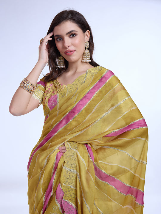 Yellow Poly Chiffon Festival Saree With Blouse Piece Yellow Poly Chiffon Festival Saree With Blouse Piece