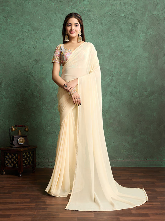 Poly Chiffon Dyed Saree With Heavy Embroidered Blouse Piece Poly Chiffon Dyed Saree With Heavy Embroidered Blouse Piece