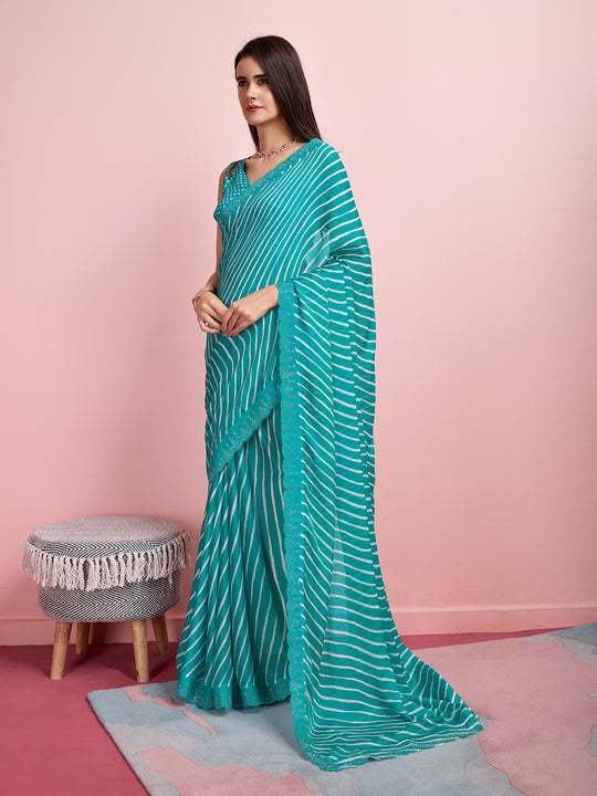Teal Chiffon Festive Saree With Blouse Piece Teal Chiffon Festive Saree With Blouse Piece