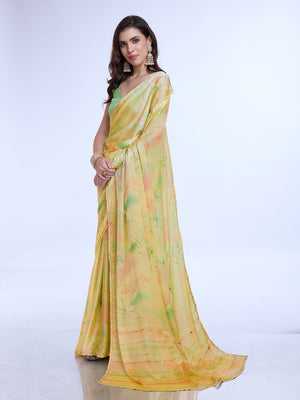 Yellow Poly Chiffon Festive Wear Saree With Blouse Piecde