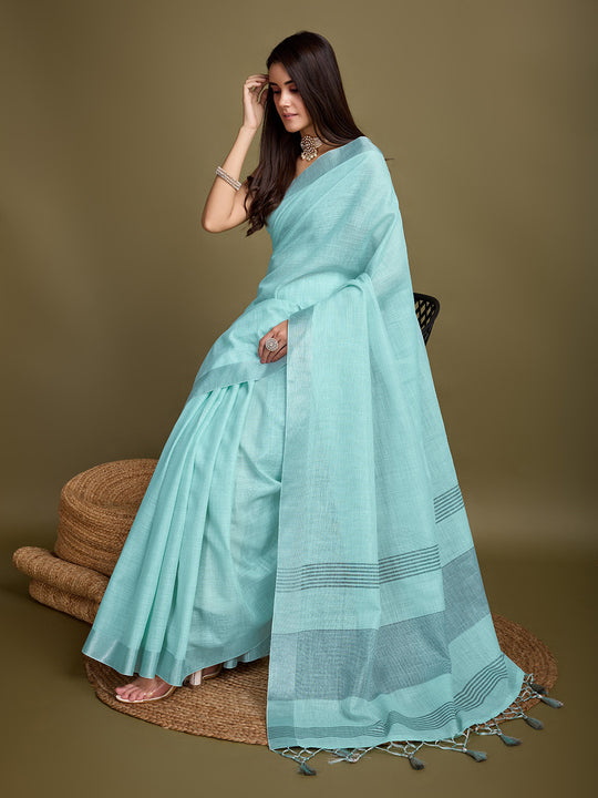 Turquoise Blue Linen Blend Daily Wear Saree With Blouse Piece Turquoise Blue Linen Blend Daily Wear Saree With Blouse Piece