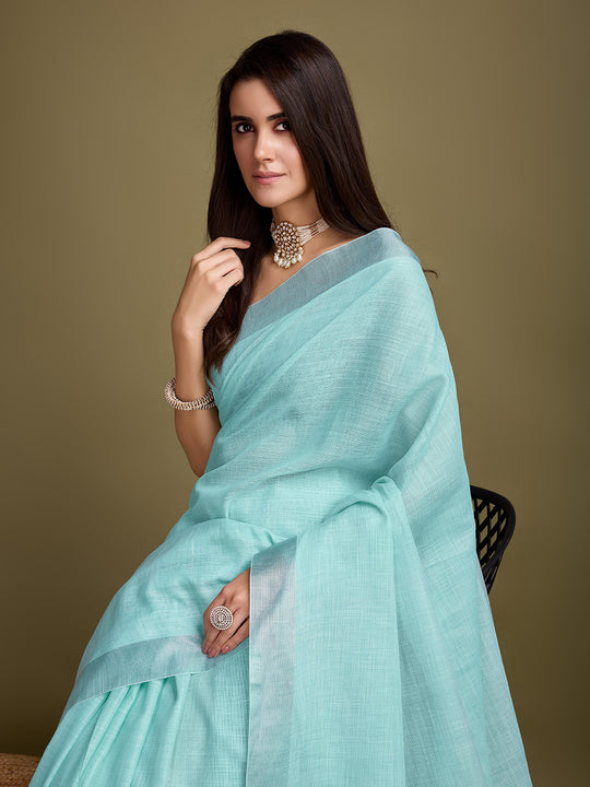 Turquoise Blue Linen Blend Daily Wear Saree With Blouse Piece Turquoise Blue Linen Blend Daily Wear Saree With Blouse Piece