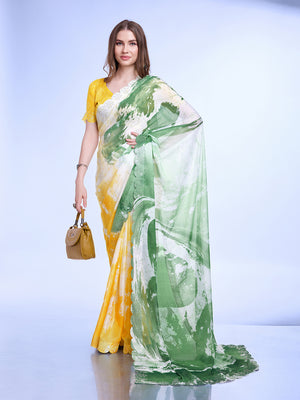 Green Poly Chiffon Festival Saree With Blouse Piece