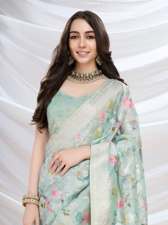 Teal Pure Cotton Festive Wear Saree With Blouse Piece Teal Pure Cotton Festive Wear Saree With Blouse Piece