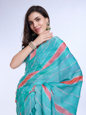 Blue Poly Chiffon Festival Saree With Blouse Piece