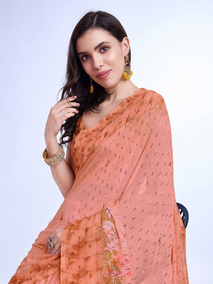 Peach Poly Chiffon Festival Saree With Blouse Piece
