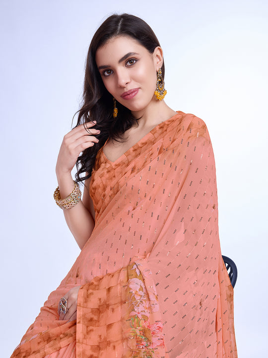 Peach Poly Chiffon Festival Saree With Blouse Piece Peach Poly Chiffon Festival Saree With Blouse Piece