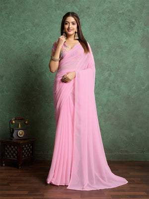 Poly Chiffon Dyed Saree With Heavy Embroidered Blouse Piece
