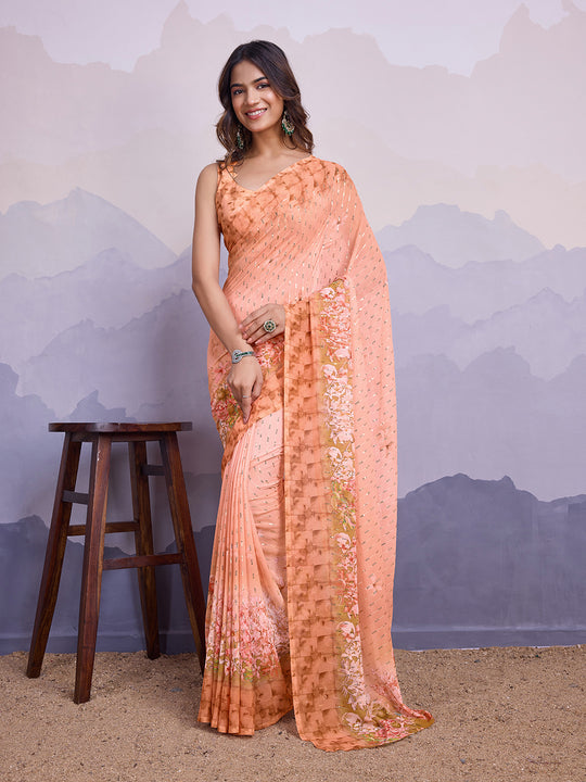 Peach Poly Chiffon Saree With Blouse Piece Peach Poly Chiffon Saree With Blouse Piece