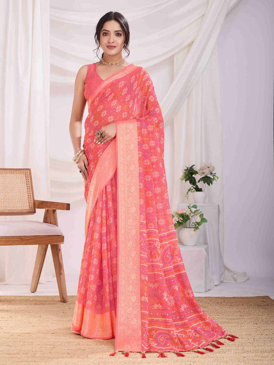 Coral Pink Pure Chiffon Viscose Border Block Printed Saree With Blouse Piece Coral Pink Pure Chiffon Viscose Border Block Printed Saree With Blouse Piece