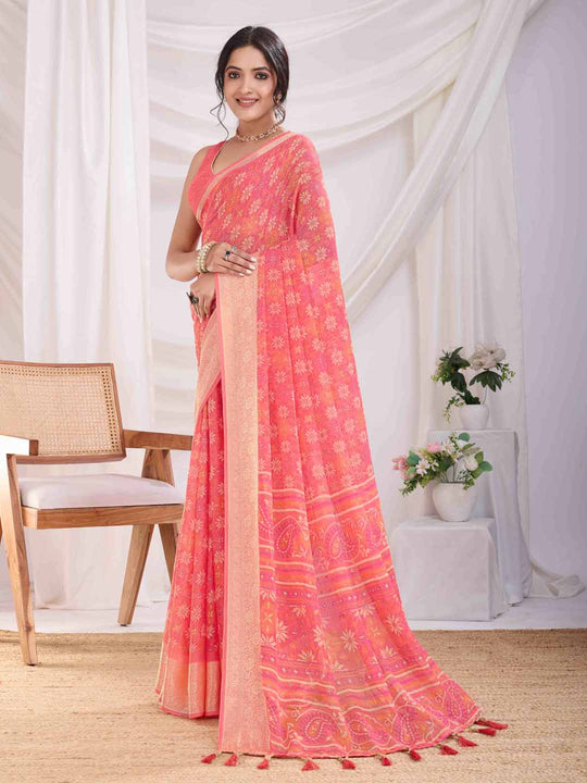 Coral Pink Pure Chiffon Viscose Border Block Printed Saree With Blouse Piece Coral Pink Pure Chiffon Viscose Border Block Printed Saree With Blouse Piece