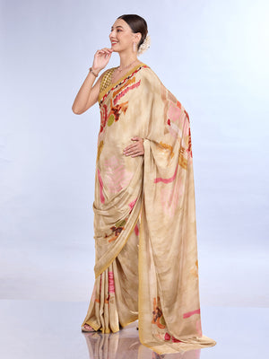 Beige Satin Saree With Blouse Piece