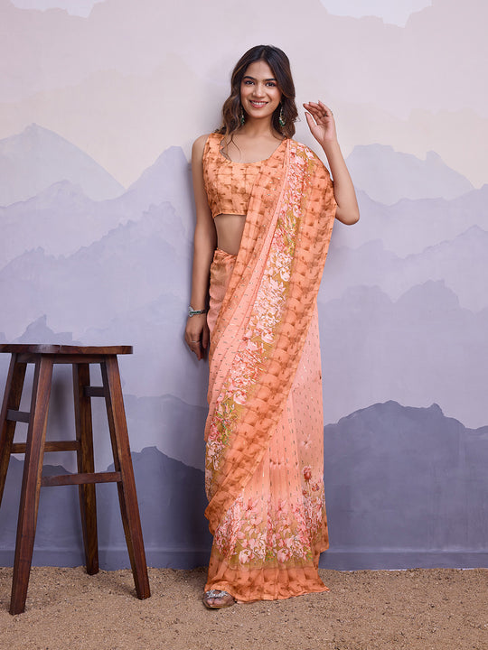 Peach Poly Chiffon Saree With Blouse Piece Peach Poly Chiffon Saree With Blouse Piece