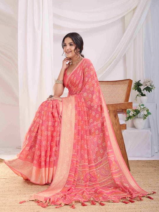Coral Pink Pure Chiffon Viscose Border Block Printed Saree With Blouse Piece Coral Pink Pure Chiffon Viscose Border Block Printed Saree With Blouse Piece