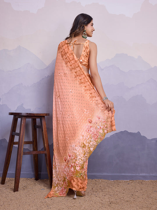 Peach Poly Chiffon Saree With Blouse Piece Peach Poly Chiffon Saree With Blouse Piece