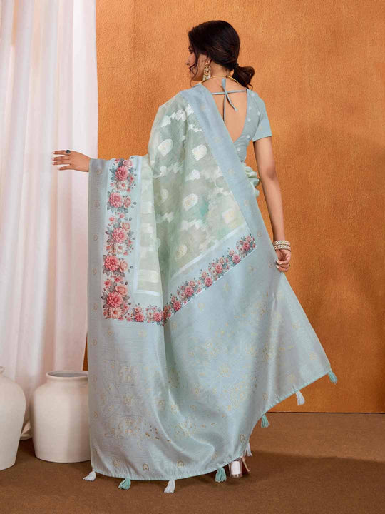 Seagreen Pure Cotton Lucknowi Woven Banarasi Saree With Ombre Floral Prints Seagreen Pure Cotton Lucknowi Woven Banarasi Saree With Ombre Floral Prints
