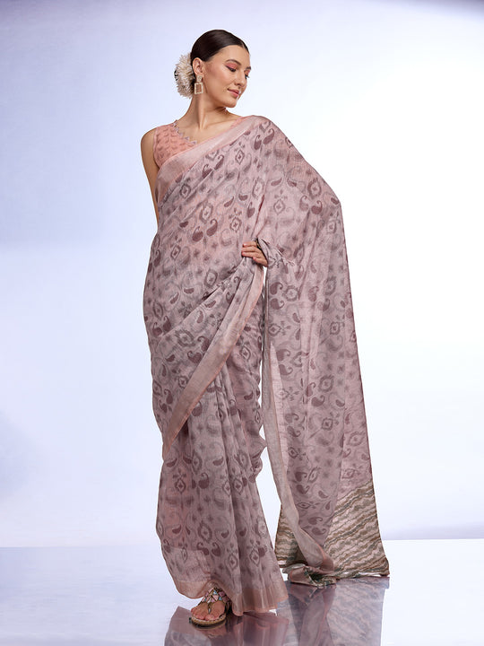 Grey Melange Linen Blend Saree With Blouse Piece Grey Melange Linen Blend Saree With Blouse Piece