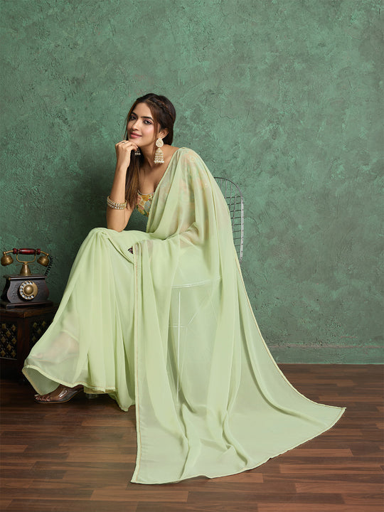 Poly Chiffon Dyed Saree With Heavy Embroidered Blouse Piece Poly Chiffon Dyed Saree With Heavy Embroidered Blouse Piece