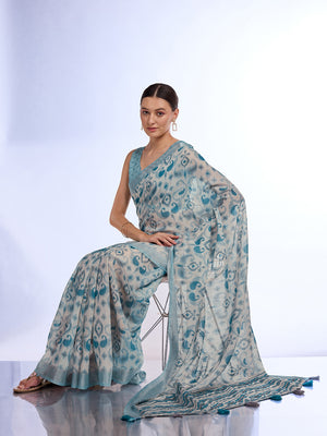 Teal Linen Blend Saree With Blouse Piece